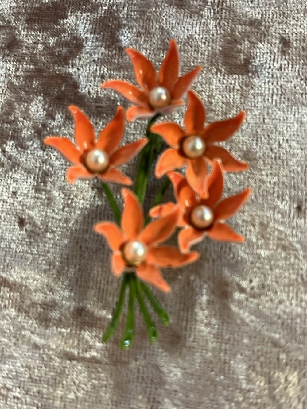 Unbranded Size OSFM Vintage Orange Enamel Flower Brooch with Pearl Centers and G